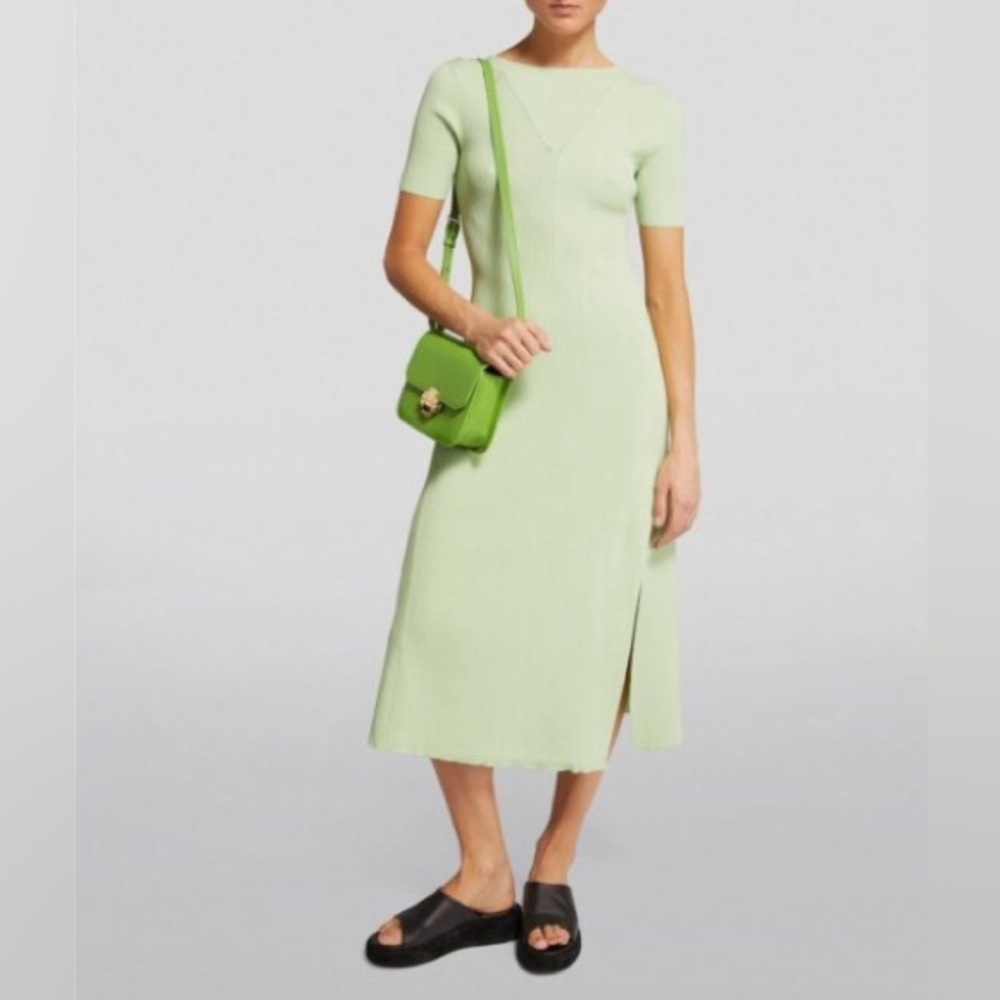 Maje Lime  green ribbed short sleeves slit crisscross back casual midi  dress